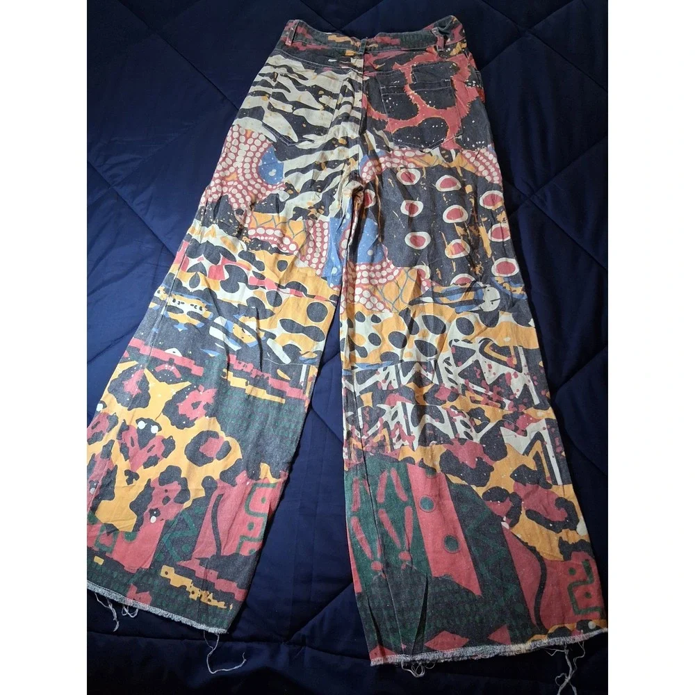Vintage Graffiti Pop Art Print Wide Leg Jeans Multi Color High Rise Raw Hem M - Picture 7 of 8